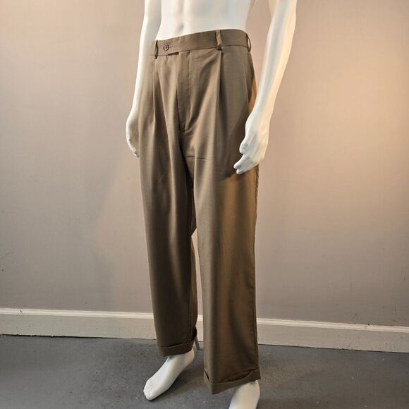 Grant Thomas Khaki Brown Wool Dress Pants Mens Sz 36 x 29 Pleated Classic Cuff - Picture 3 of 7